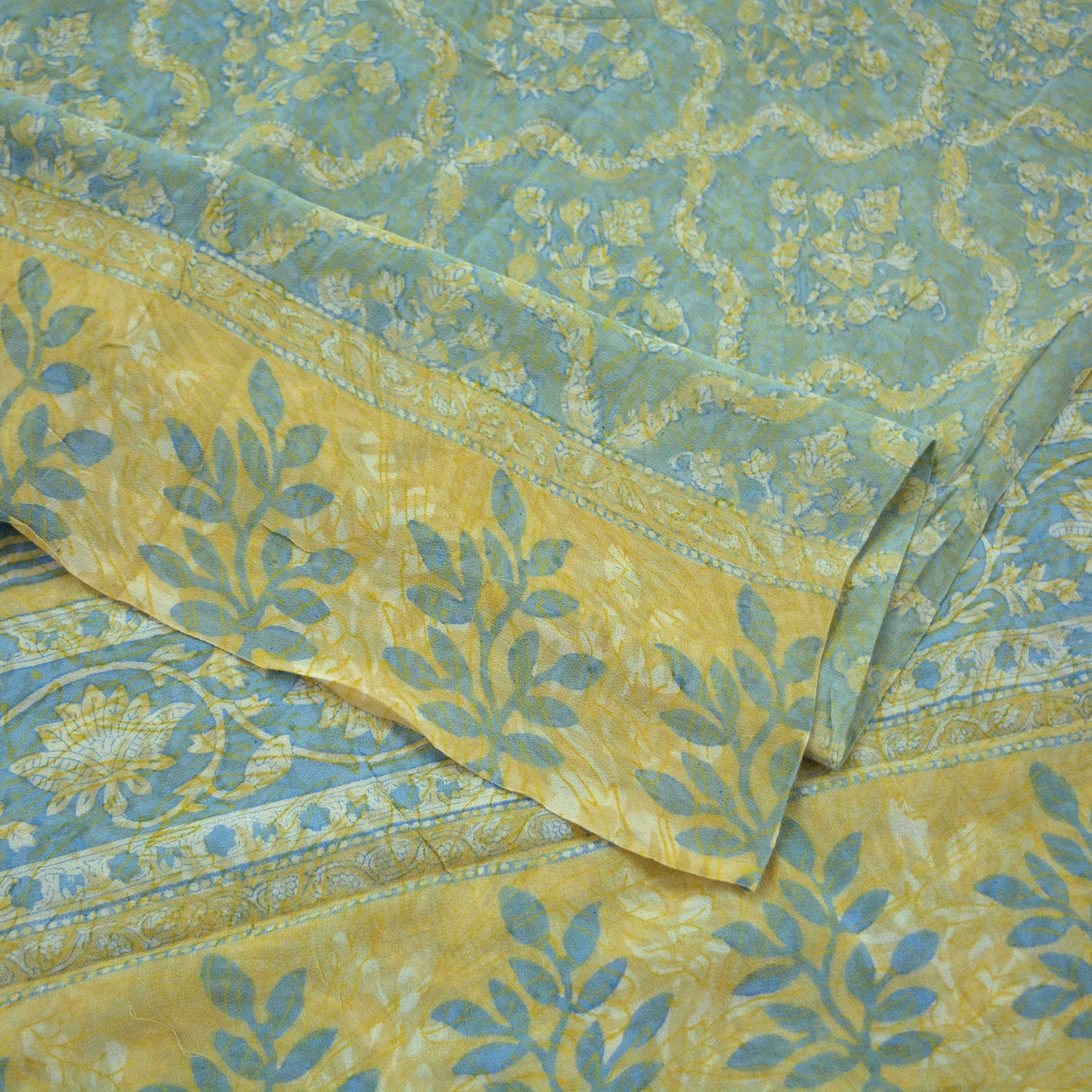 Indian Vintage Sari Beige & Blue Pure Georgette Silk Saree Craft Fabric Sewing 6Yard Soft Light Dress Making Floral