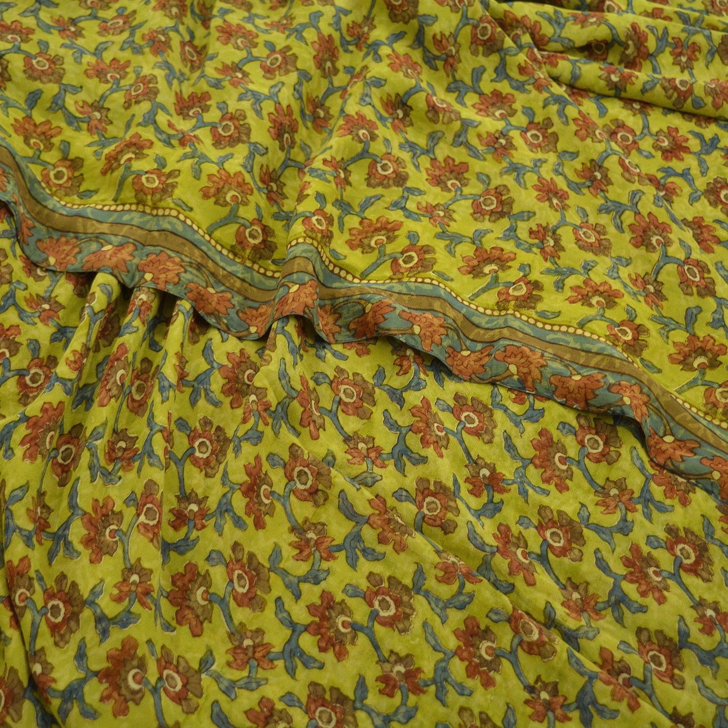 Indian Vintage Sari Green Pure Georgette Silk Block Printed Sarees Craft Fabric Sewing 5Yd Soft Sari Dress Making Crafting Quilting Upcycle