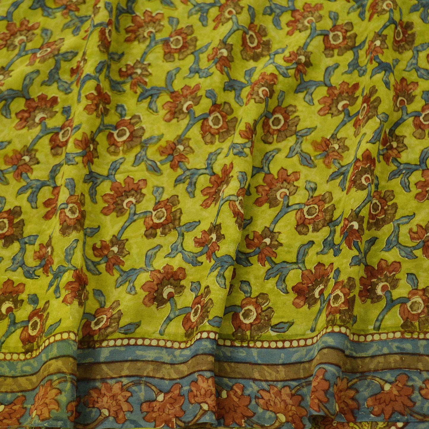 Indian Vintage Sari Green Pure Georgette Silk Block Printed Sarees Craft Fabric Sewing 5Yd Soft Sari Dress Making Crafting Quilting Upcycle