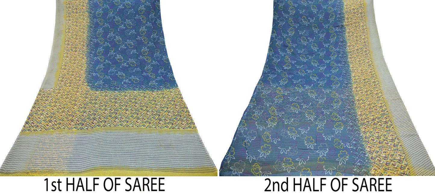 Vintage Sari Yellow & Green 100% Pure Chiffon Silk Printed Sarees Sewing 5yd Craft Fabric Soft Dress Designing for Crafting Floral
