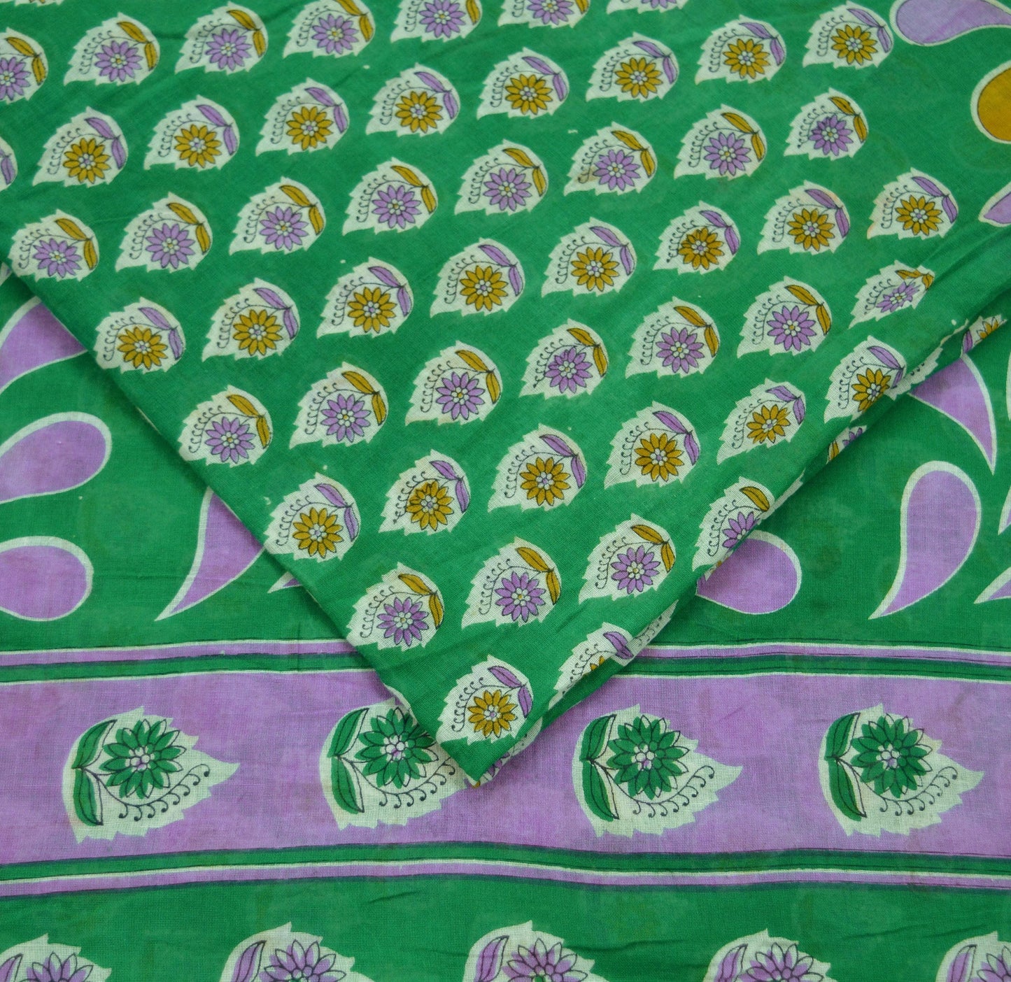 Indian Vintage Green Saree Printed Pure Cotton Indian Sari Craft Soft Fabric 5Yard Sewing Sarong Wrap Boho Floral