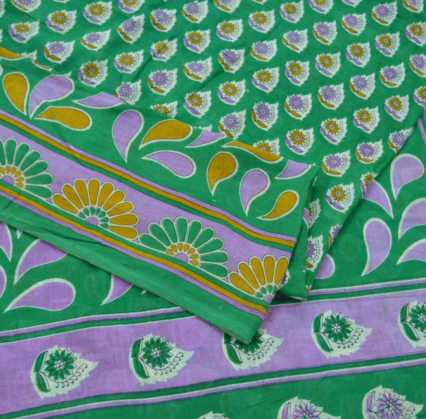 Indian Vintage Green Saree Printed Pure Cotton Indian Sari Craft Soft Fabric 5Yard Sewing Sarong Wrap Boho Floral