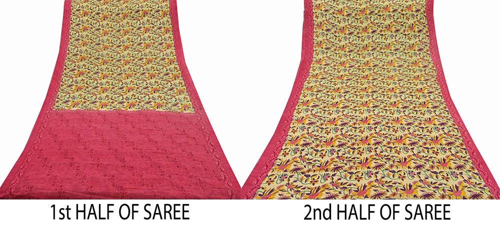 Indian Vintage Pink & Beige Saree Printed 100% Pure Cotton Sari Craft Fabric 5Yd Soft Sewing Sarong Wrap Floral Dress making Quilting