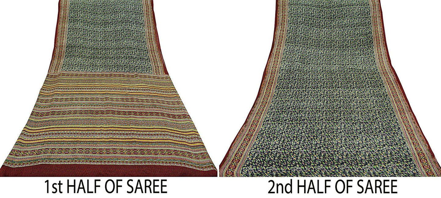 Indian Vintage Sari Black & Maroon 100% Pure Silk Printed Saree 6yd Sewing Craft Fabric DressMaking Soft Quilting Crafting Upcycle Used
