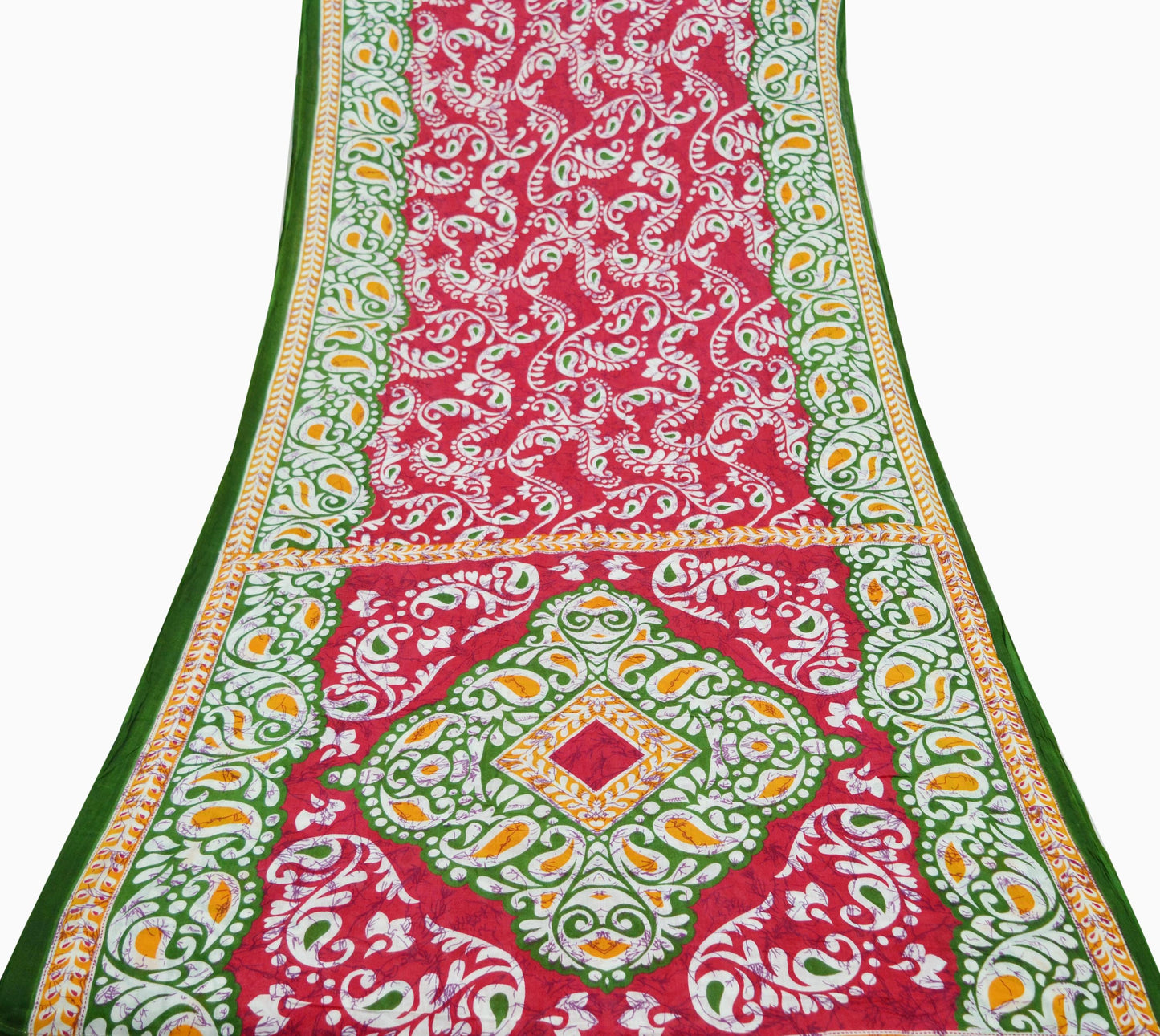 Indian Vintage Sari Red & Green Batik Printed Saree 100% Pure Cotton 5Yd Craft Fabric Soft Sewing Sarong Wrap Boho Quilting Dress Making