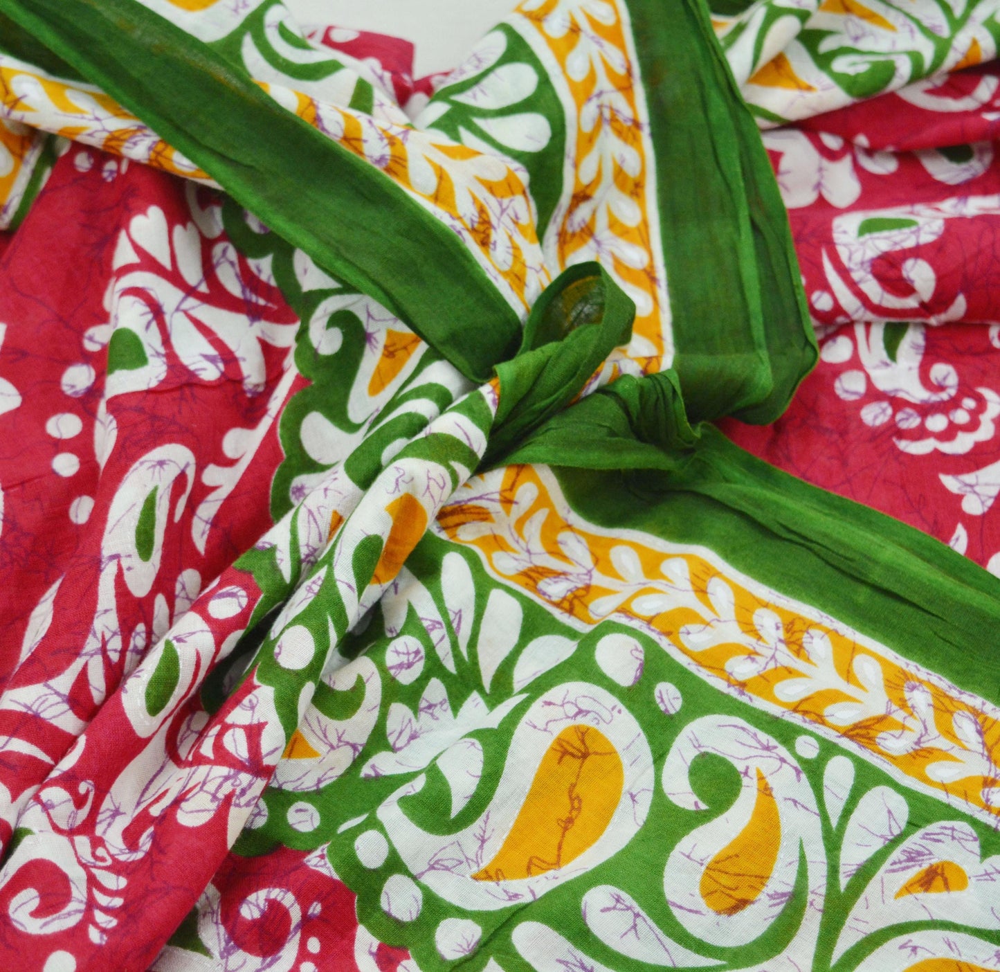 Indian Vintage Sari Red & Green Batik Printed Saree 100% Pure Cotton 5Yd Craft Fabric Soft Sewing Sarong Wrap Boho Quilting Dress Making
