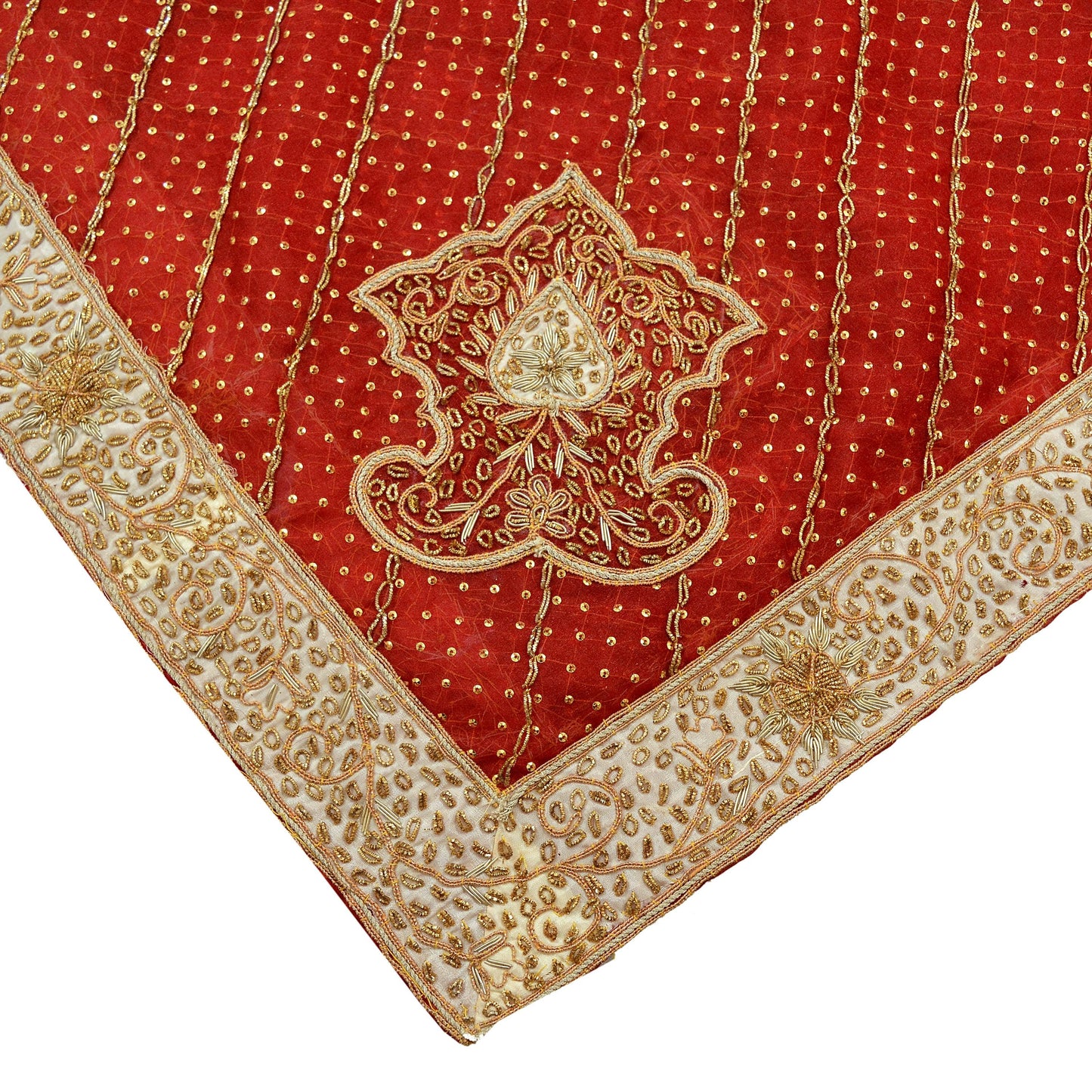 Indian Vintage Bridal Heavy Red Dupatta Organza Long Stole Hand Embroidered Scarves Zari Zardozi/Dabka Bollywood Wedding Veil Hijab