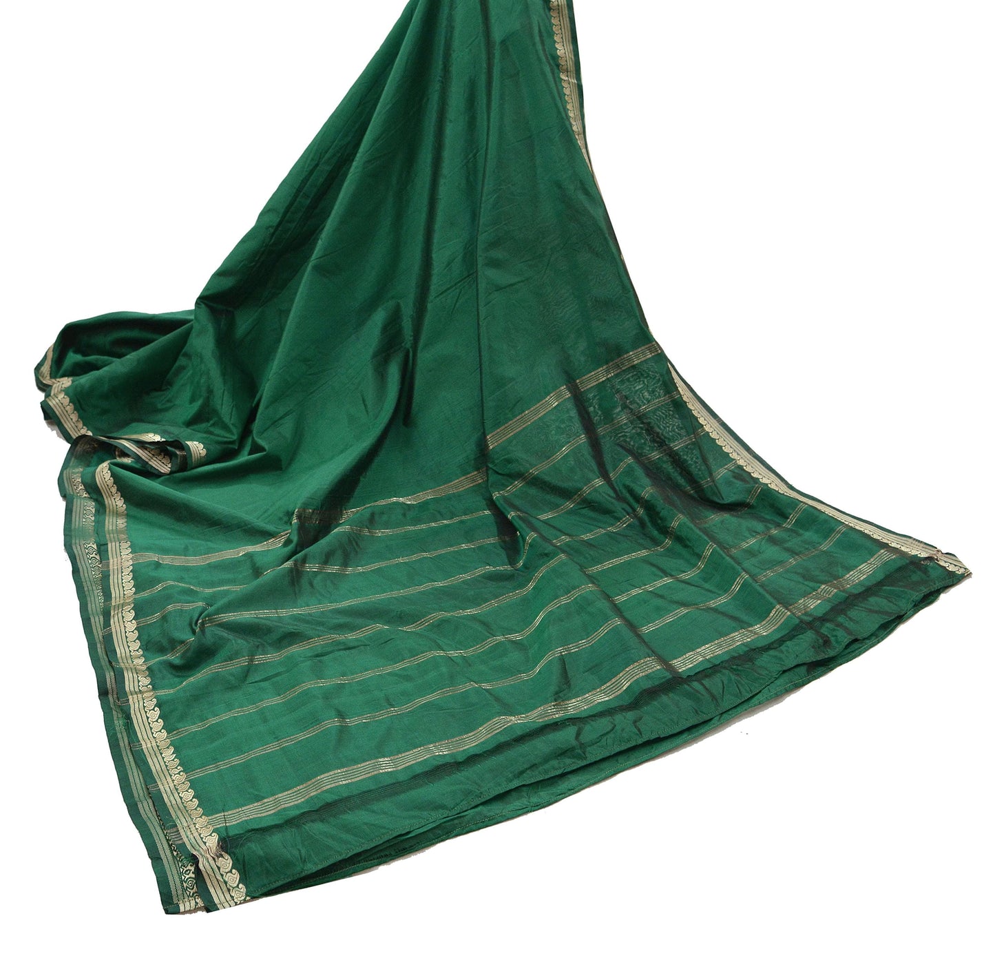 Indian Vintage Sari Green Mysore Silk Woven Sarees Craft Fabric 5Yd Ethnic South silk Dress Making Crafting Upcycle Quilting Zari Border