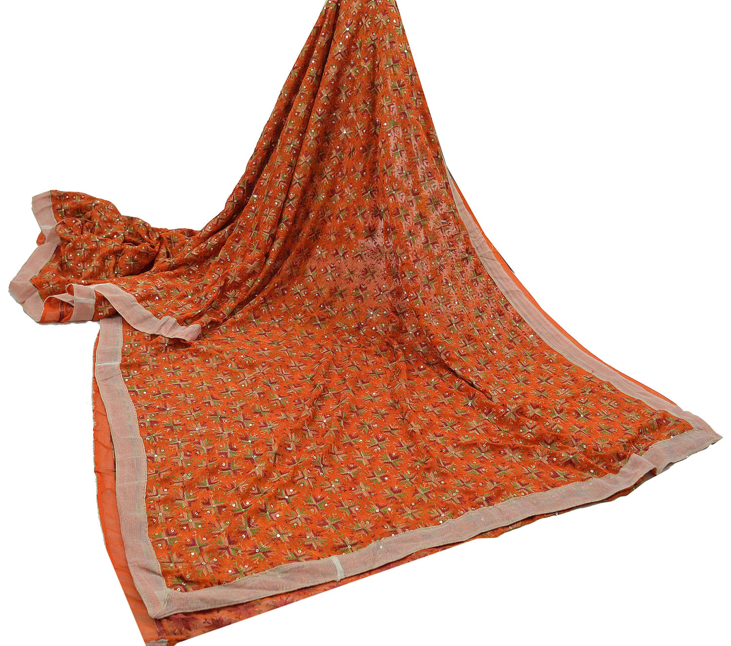Indian Vintage Orange Sarees Chiffon Embroidered Bagh Phulkari Indian Sari Craft Fabric 5Yard Dress Making Sewing