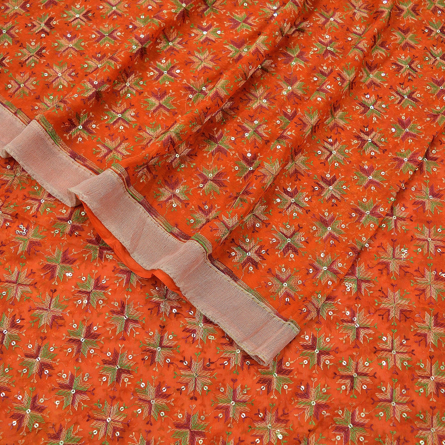 Indian Vintage Orange Sarees Chiffon Embroidered Bagh Phulkari Indian Sari Craft Fabric 5Yard Dress Making Sewing