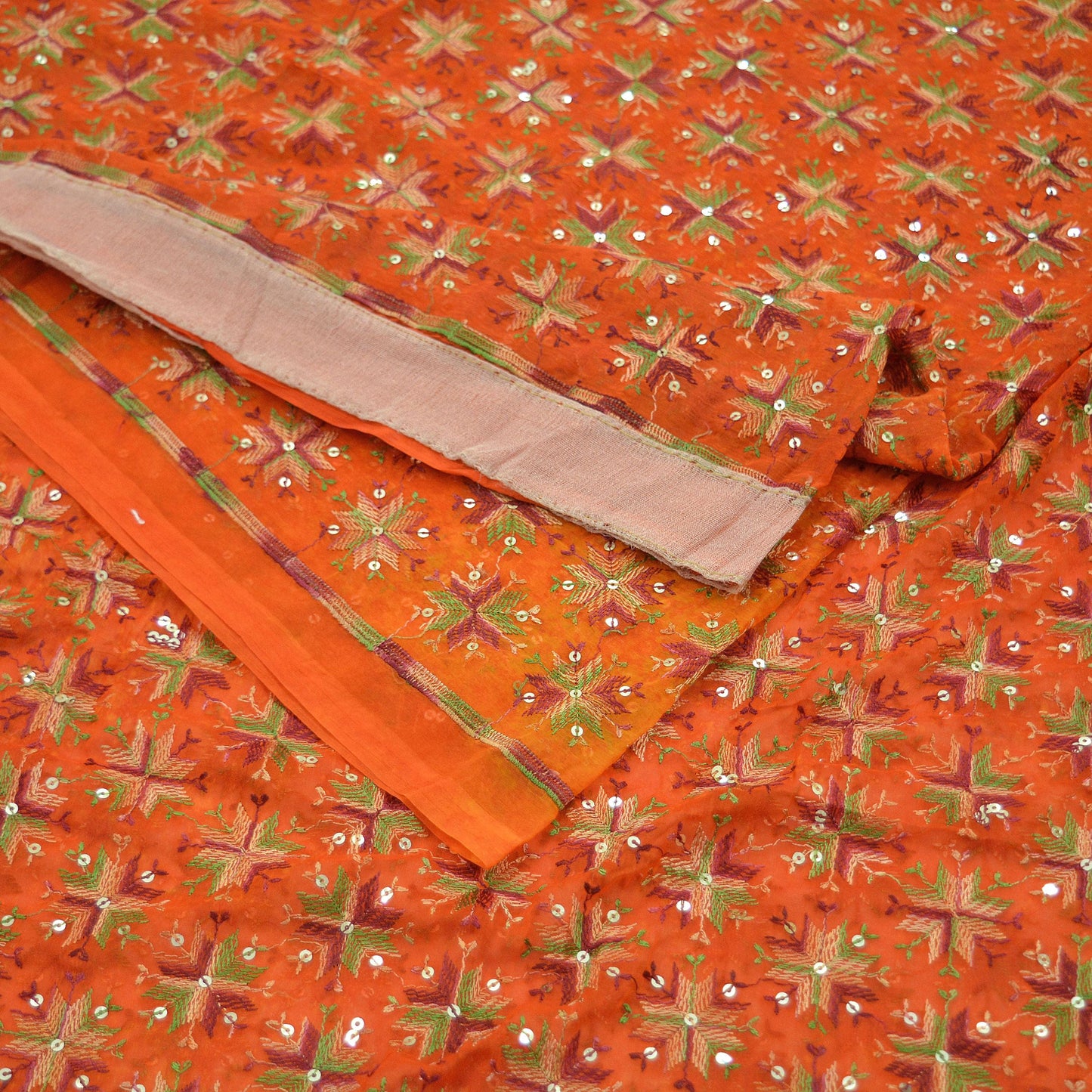 Indian Vintage Orange Sarees Chiffon Embroidered Bagh Phulkari Indian Sari Craft Fabric 5Yard Dress Making Sewing