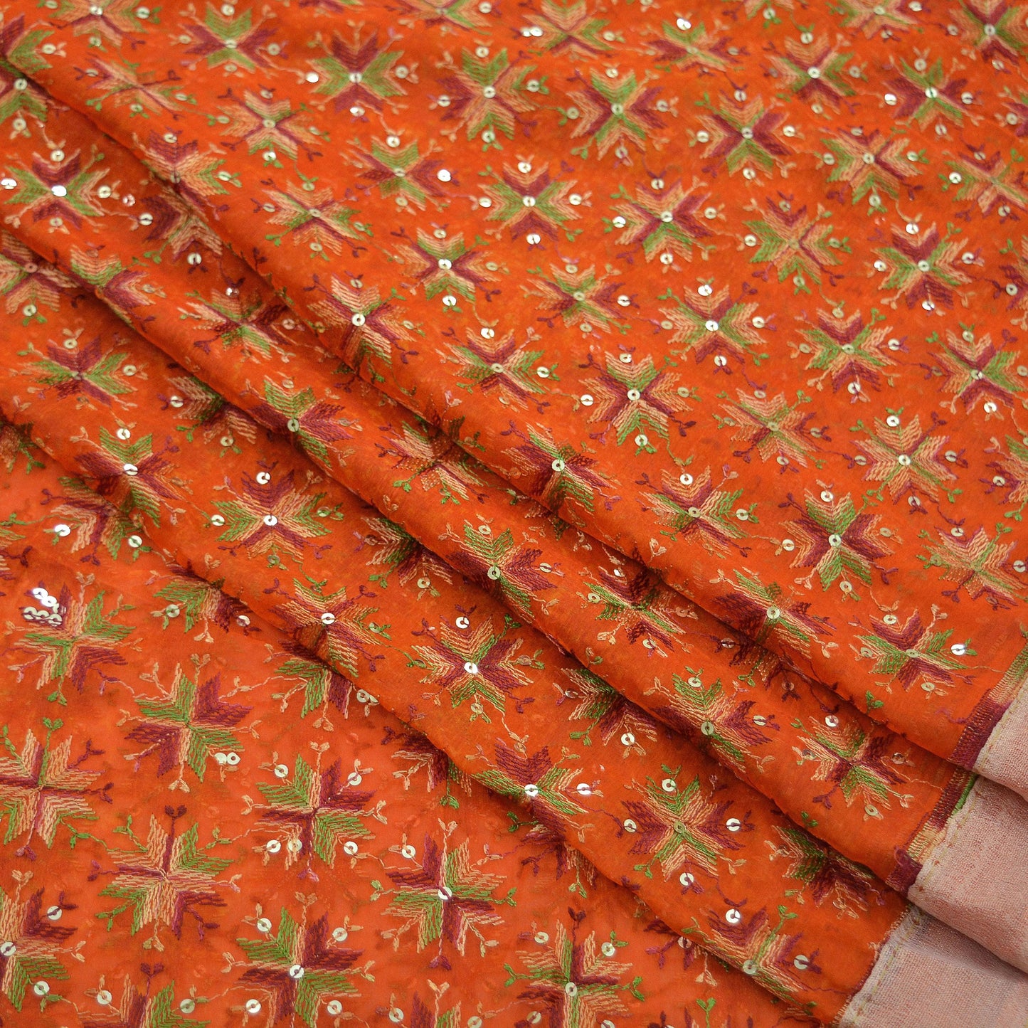 Indian Vintage Orange Sarees Chiffon Embroidered Bagh Phulkari Indian Sari Craft Fabric 5Yard Dress Making Sewing