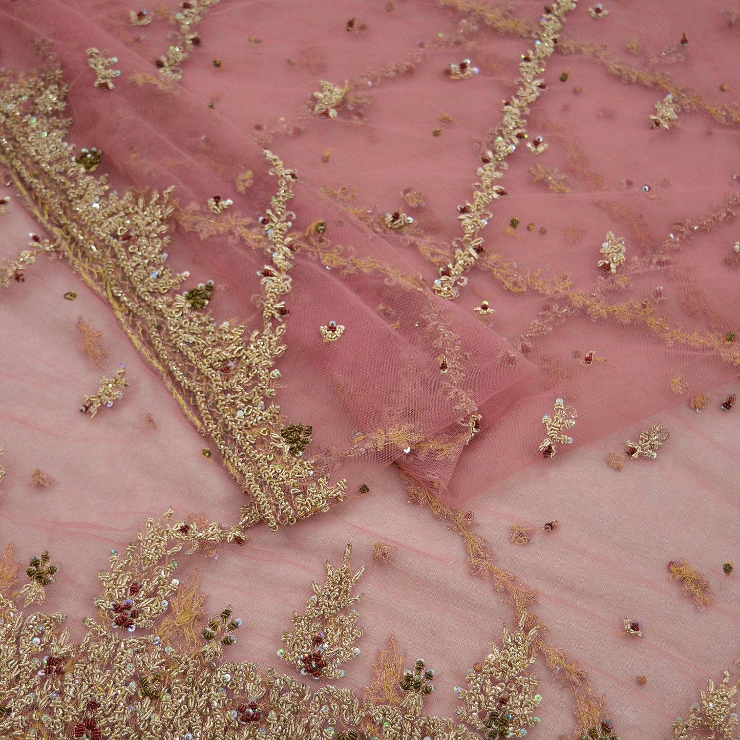 Indian Vintage Heavy Bridal Pink Dupatta Net Mesh Long Stole Hand Embroidered Scarves Golden Zardozi Dabka Zari Sequins Wedding Veil Hijab