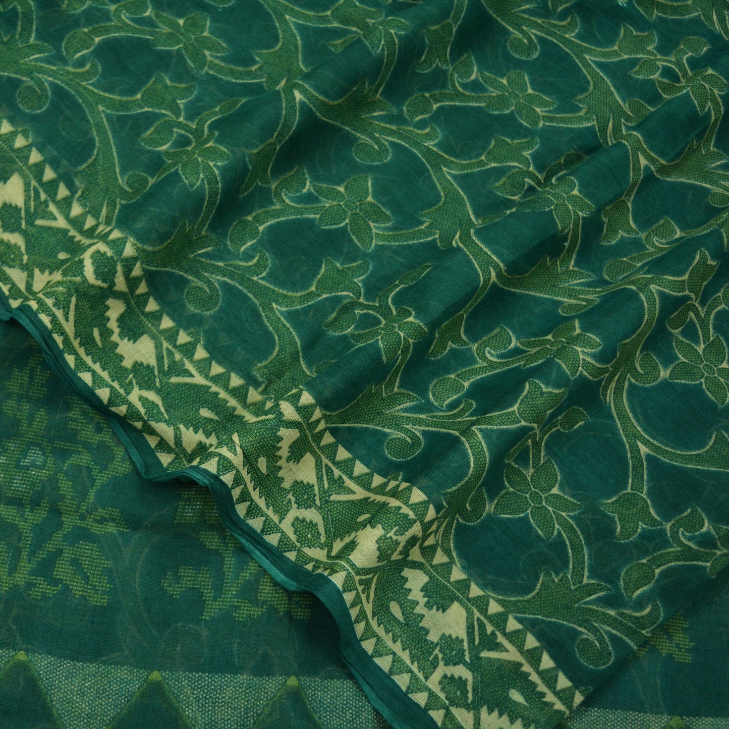 Indian Vintage Green Saree Printed Pure Cotton Sari Craft Fabric Soft 5Yd Sewing Sarong Wrap Boho Floral Dress making Crafting Quilting