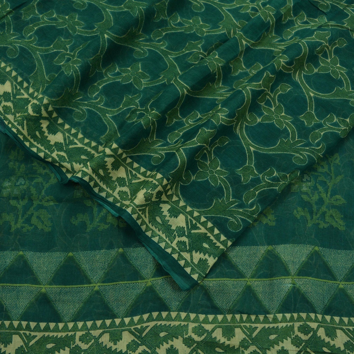 Indian Vintage Green Saree Printed Pure Cotton Sari Craft Fabric Soft 5Yd Sewing Sarong Wrap Boho Floral Dress making Crafting Quilting