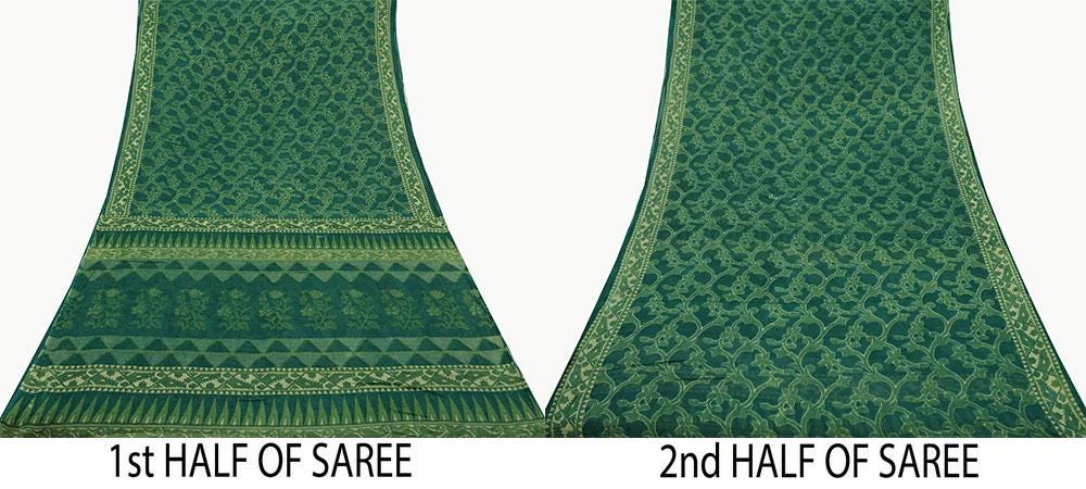 Indian Vintage Green Saree Printed Pure Cotton Sari Craft Fabric Soft 5Yd Sewing Sarong Wrap Boho Floral Dress making Crafting Quilting