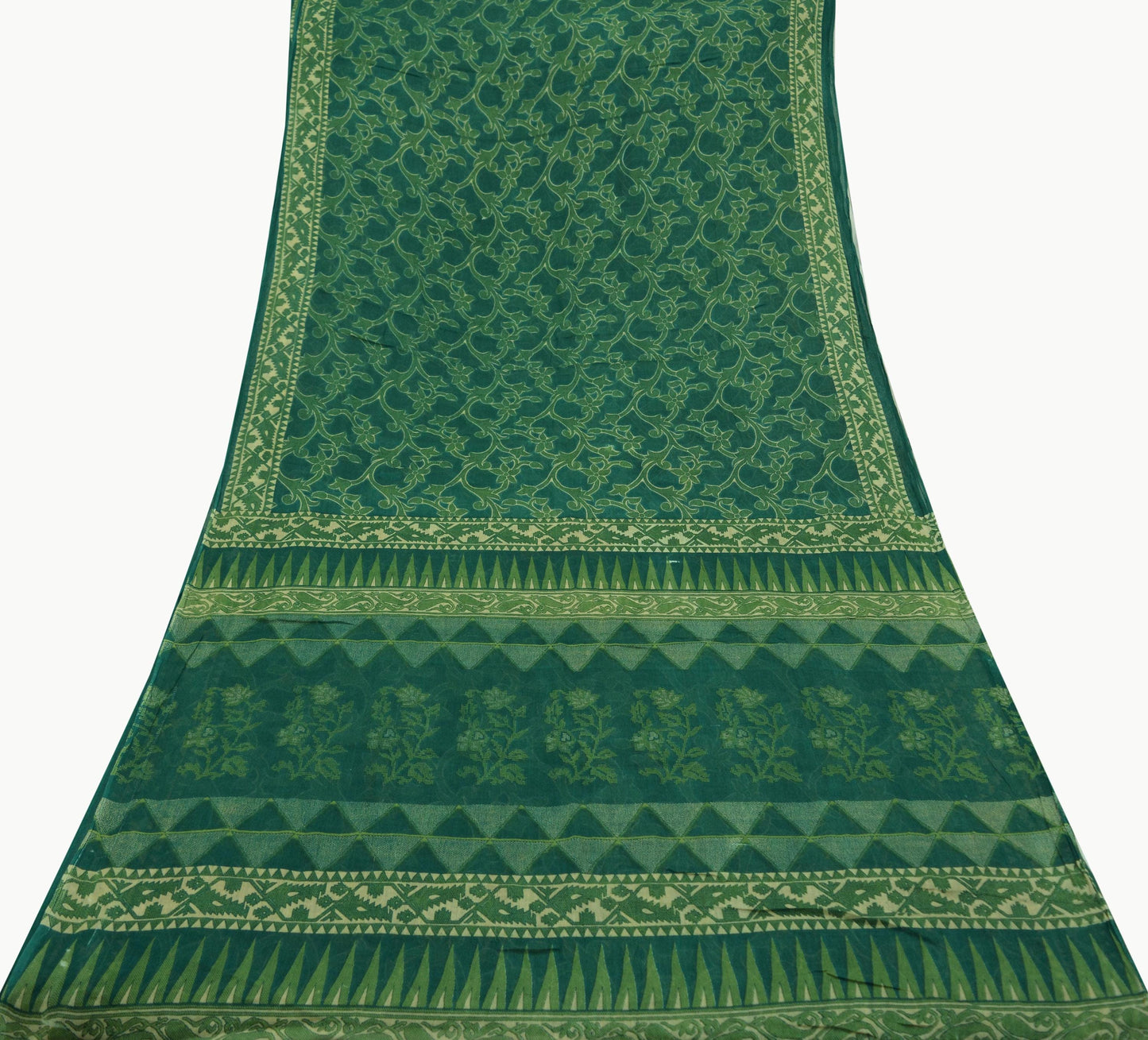 Indian Vintage Green Saree Printed Pure Cotton Sari Craft Fabric Soft 5Yd Sewing Sarong Wrap Boho Floral Dress making Crafting Quilting