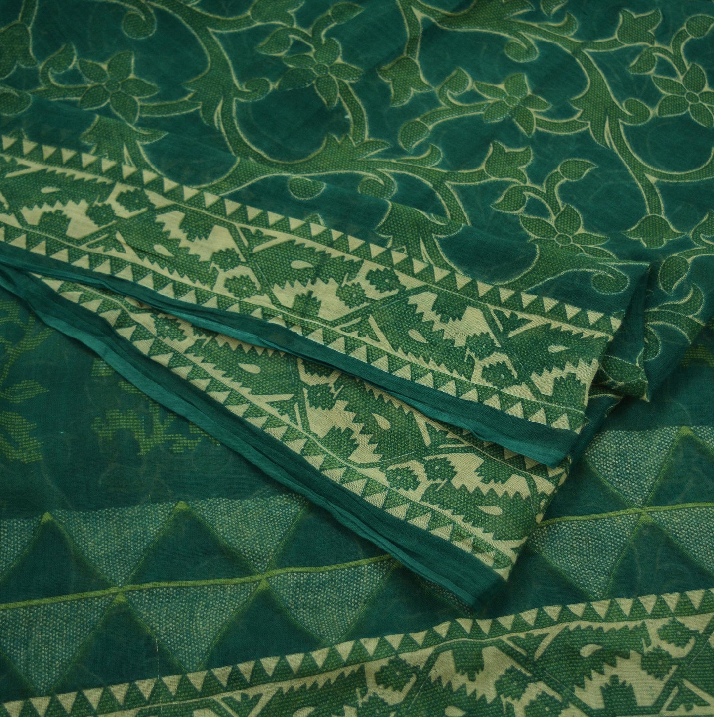 Indian Vintage Green Saree Printed Pure Cotton Sari Craft Fabric Soft 5Yd Sewing Sarong Wrap Boho Floral Dress making Crafting Quilting