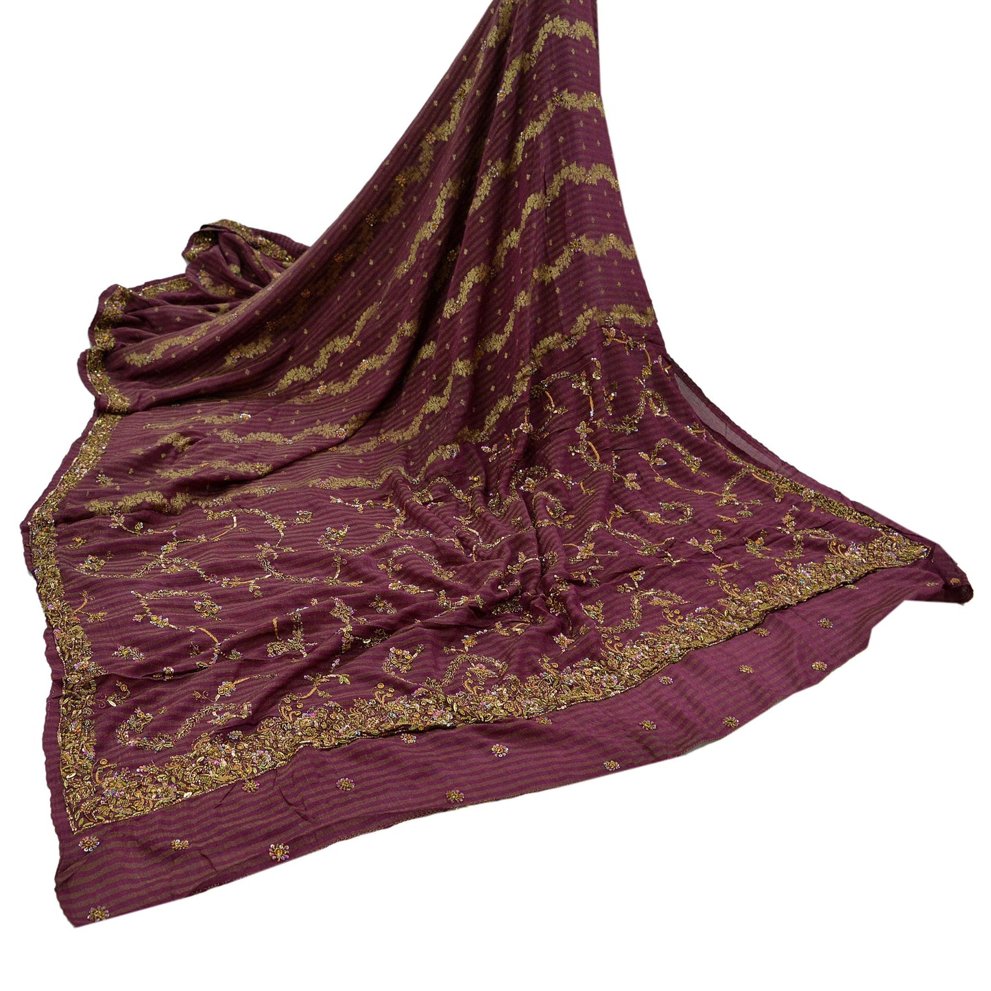 Indian Vintage Heavy Sari Purple Pure Silk Hand Embroidered Sarees Fabric 5Yd Sewing Soft Zardozi/Dabka Sequins Wedding Sarees Crafting