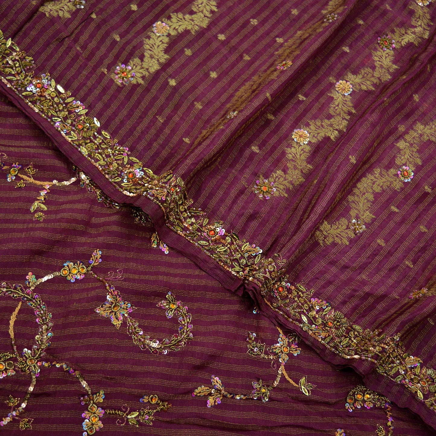 Indian Vintage Heavy Sari Purple Pure Silk Hand Embroidered Sarees Fabric 5Yd Sewing Soft Zardozi/Dabka Sequins Wedding Sarees Crafting