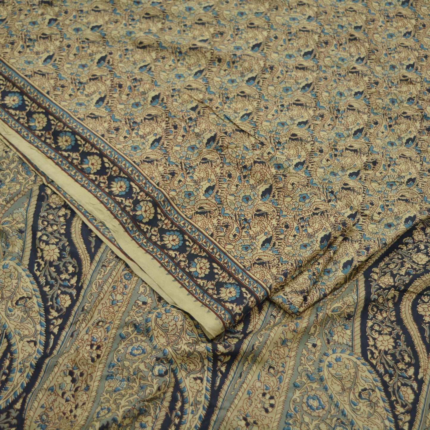 Indian Vintage Beige Saree Pure Silk Printed Sari Craft Fabric 6yd Sewing Craft Dress Making Soft Paisley Quilting Crafting Upcycle Used
