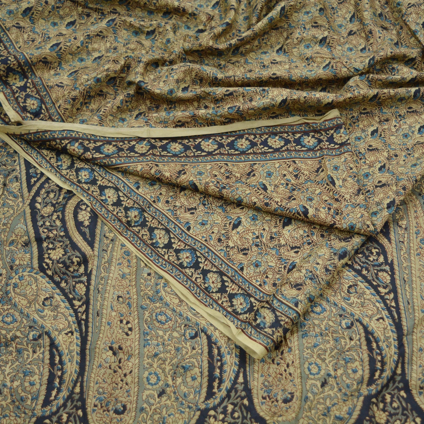 Indian Vintage Beige Saree Pure Silk Printed Sari Craft Fabric 6yd Sewing Craft Dress Making Soft Paisley Quilting Crafting Upcycle Used