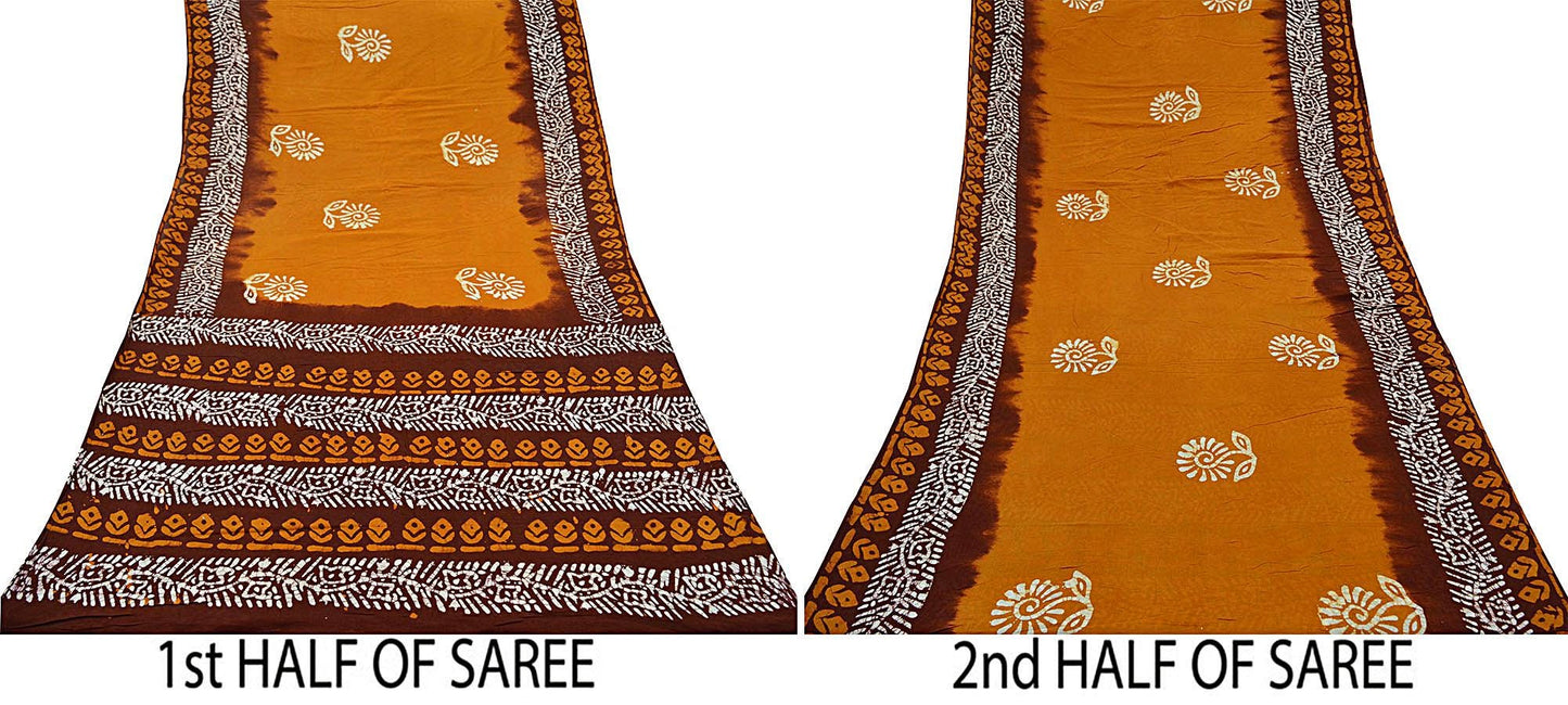 Indian Vintage Saffron & Brown Saree Batik Printed 100% Pure Cotton Sari Craft Fabric Soft 5Yd Sewing Sarong Wrap Boho Dress Making Upcycle
