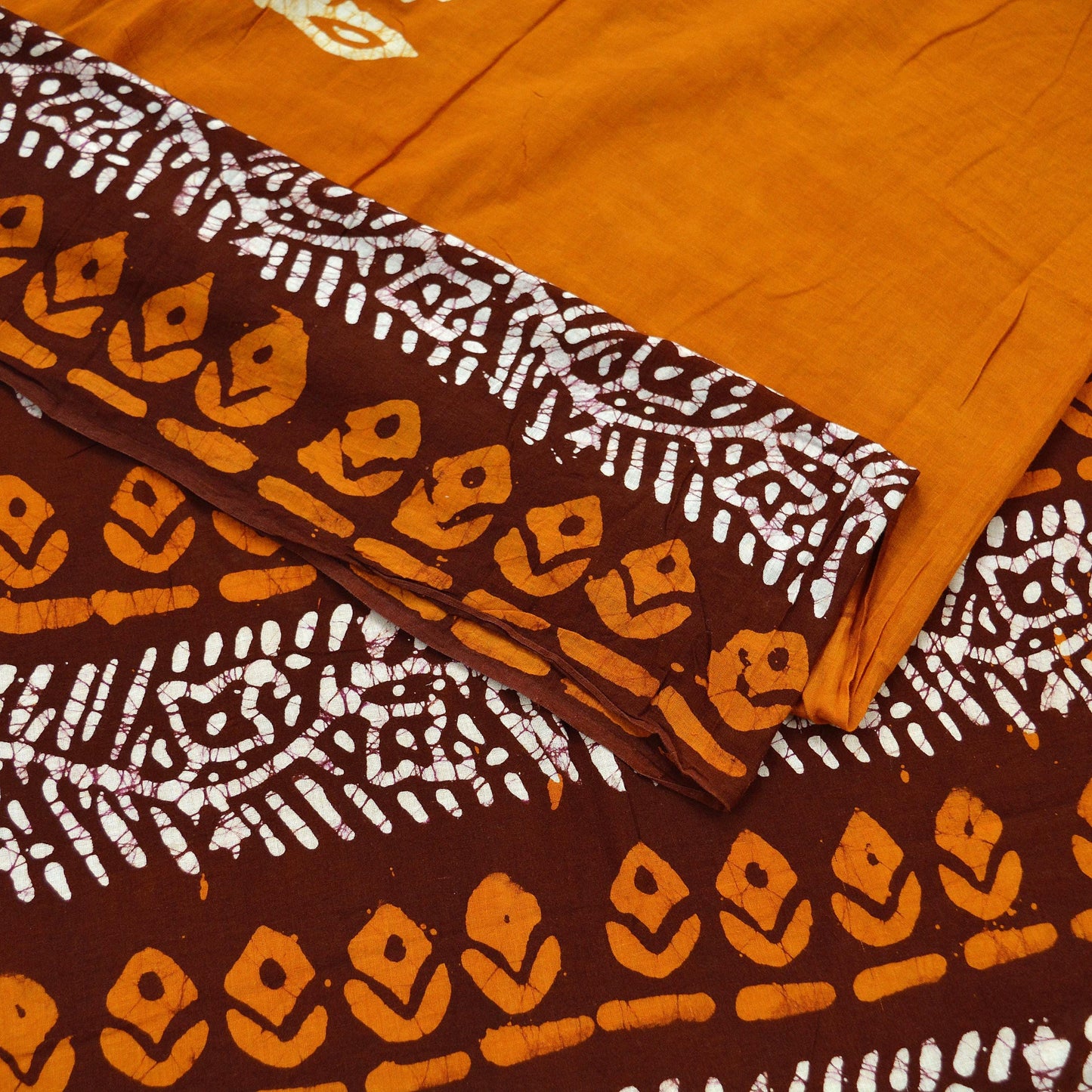 Indian Vintage Saffron & Brown Saree Batik Printed 100% Pure Cotton Sari Craft Fabric Soft 5Yd Sewing Sarong Wrap Boho Dress Making Upcycle