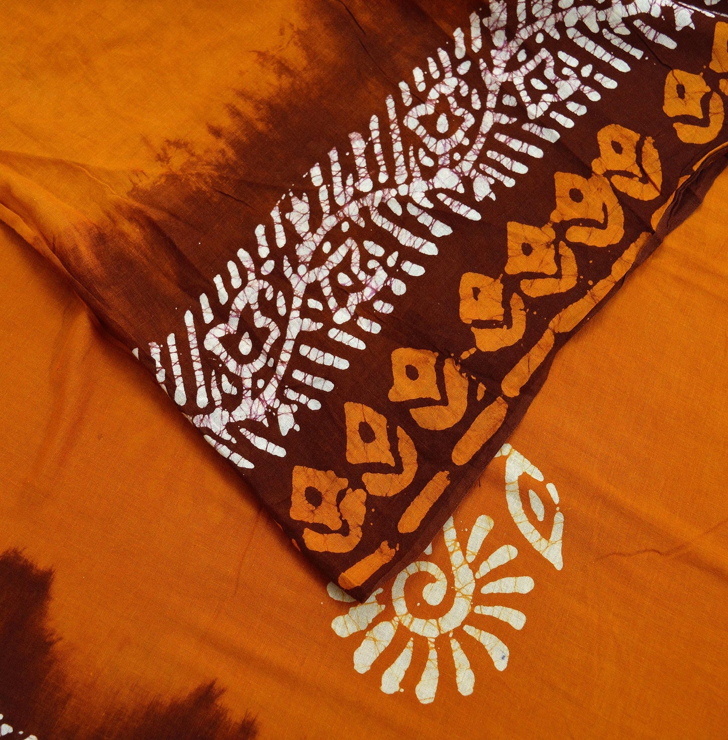 Indian Vintage Saffron & Brown Saree Batik Printed 100% Pure Cotton Sari Craft Fabric Soft 5Yd Sewing Sarong Wrap Boho Dress Making Upcycle
