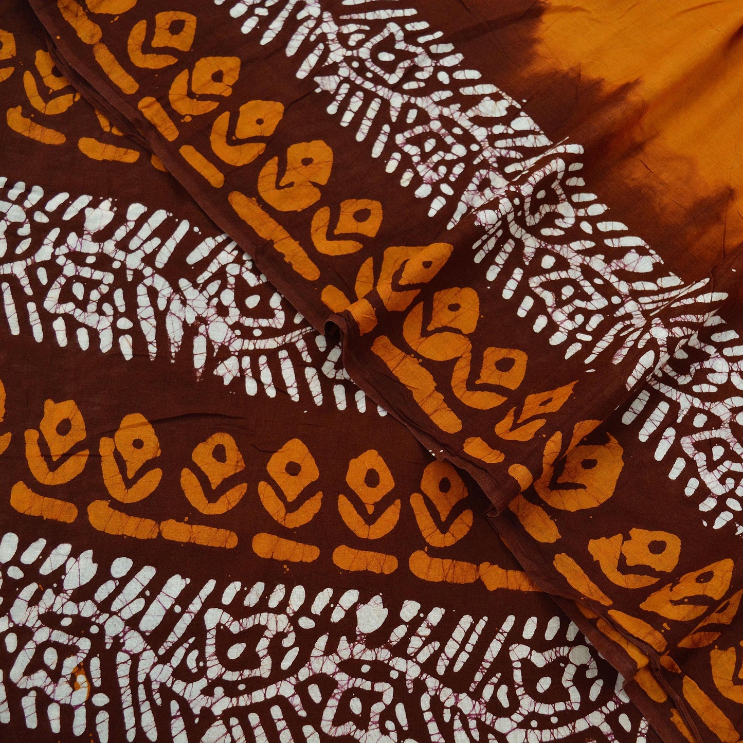 Indian Vintage Saffron & Brown Saree Batik Printed 100% Pure Cotton Sari Craft Fabric Soft 5Yd Sewing Sarong Wrap Boho Dress Making Upcycle