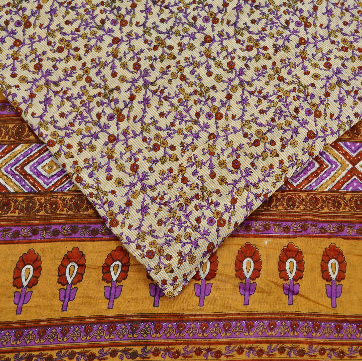 Indian Vintage Sari Ivory & Saffron Pure Cotton Printed Saree 5Yd Craft Fabric Sewing Sarong Wrap Boho Stripes Quilting crafting dressmaking