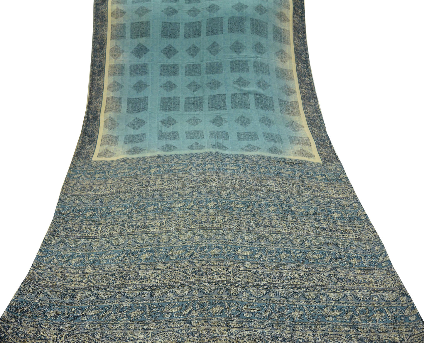 Indian Vintage Beige & Gray Saree Pure Crepe Silk Printed Sari 5yd Sewing Soft Craft Fabric Wrap Dress Making Crafting Quilting Upcycle Used