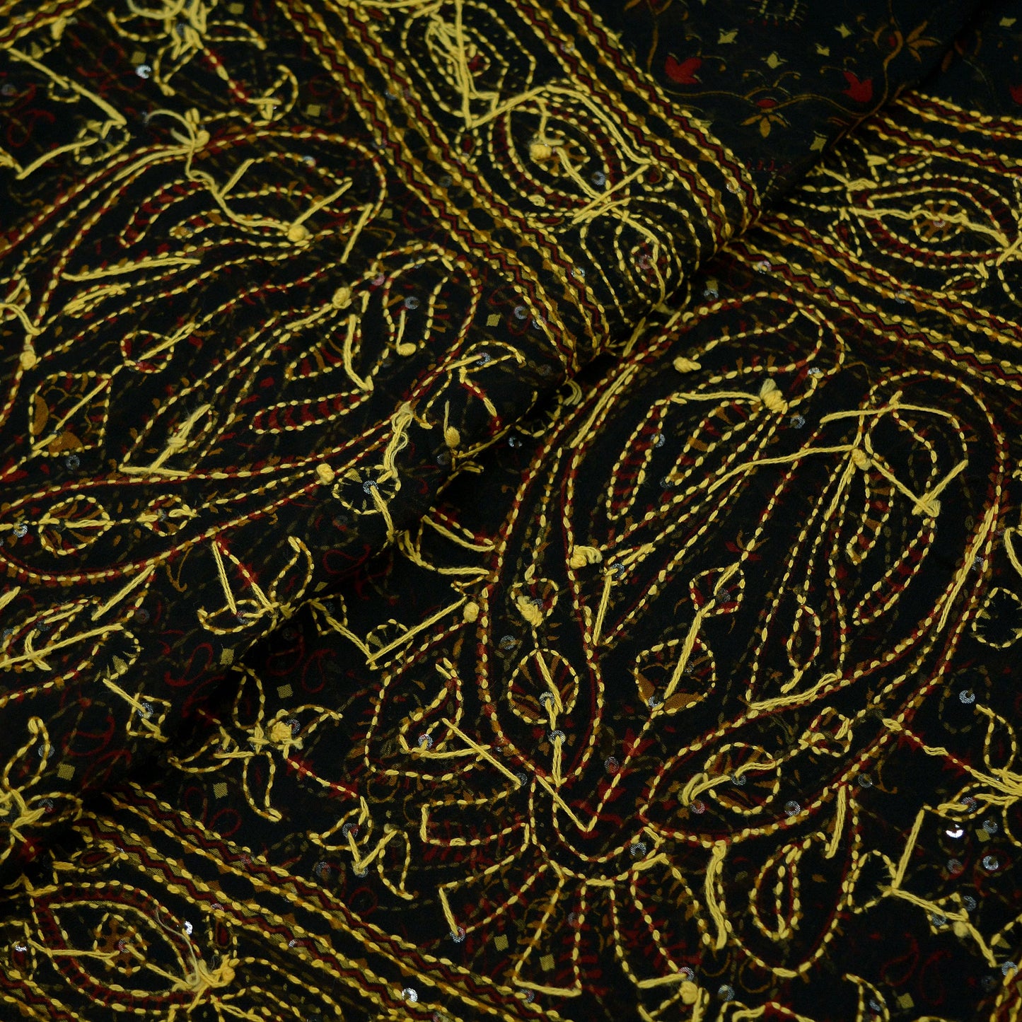 Indian Vintage Dupatta Black Long Stole Hand Embroidered kantha stole Georgette Scarves Veil Wrap Soft Floral Sequins
