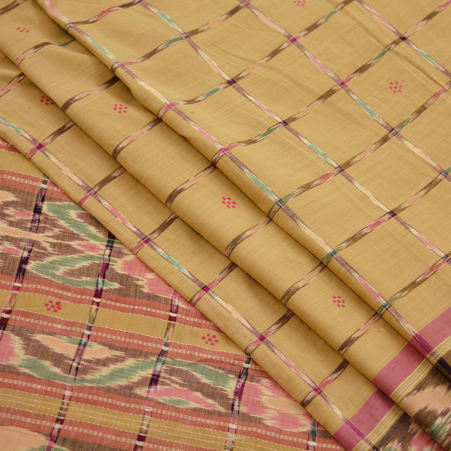 Indian Vintage Sarees Beige Pure Cotton Hand woven Sambalpuri Ikat sari Craft Fabric 5Yd Ethnic Chackra Border Dress Making Quilting