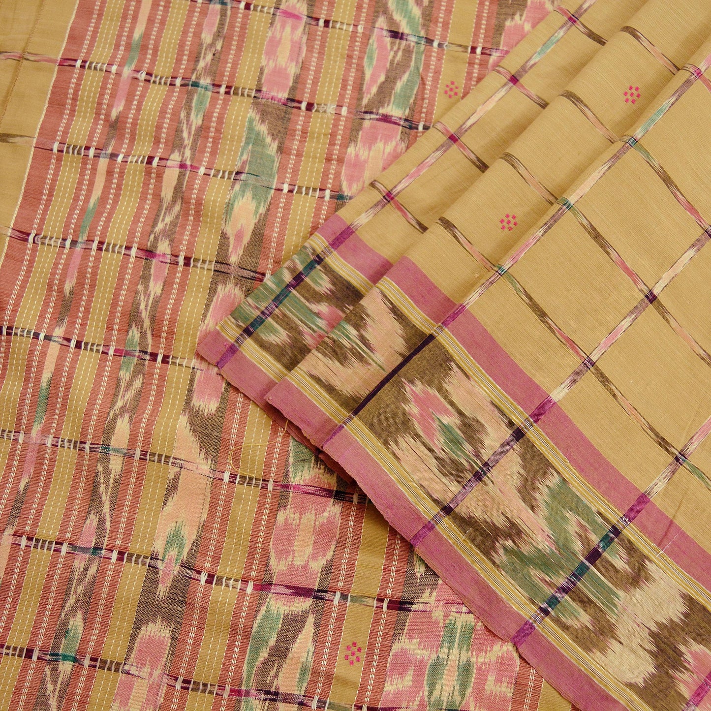 Indian Vintage Sarees Beige Pure Cotton Hand woven Sambalpuri Ikat sari Craft Fabric 5Yd Ethnic Chackra Border Dress Making Quilting