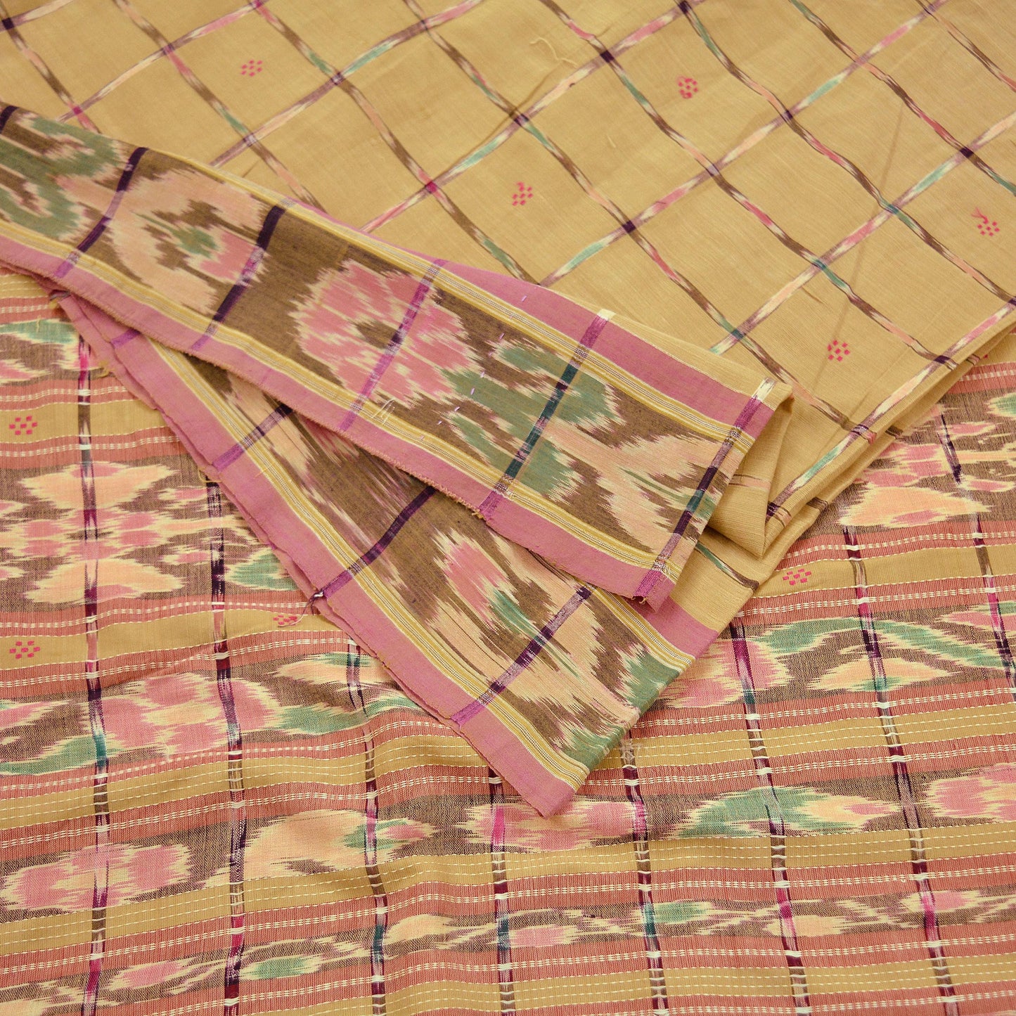 Indian Vintage Sarees Beige Pure Cotton Hand woven Sambalpuri Ikat sari Craft Fabric 5Yd Ethnic Chackra Border Dress Making Quilting
