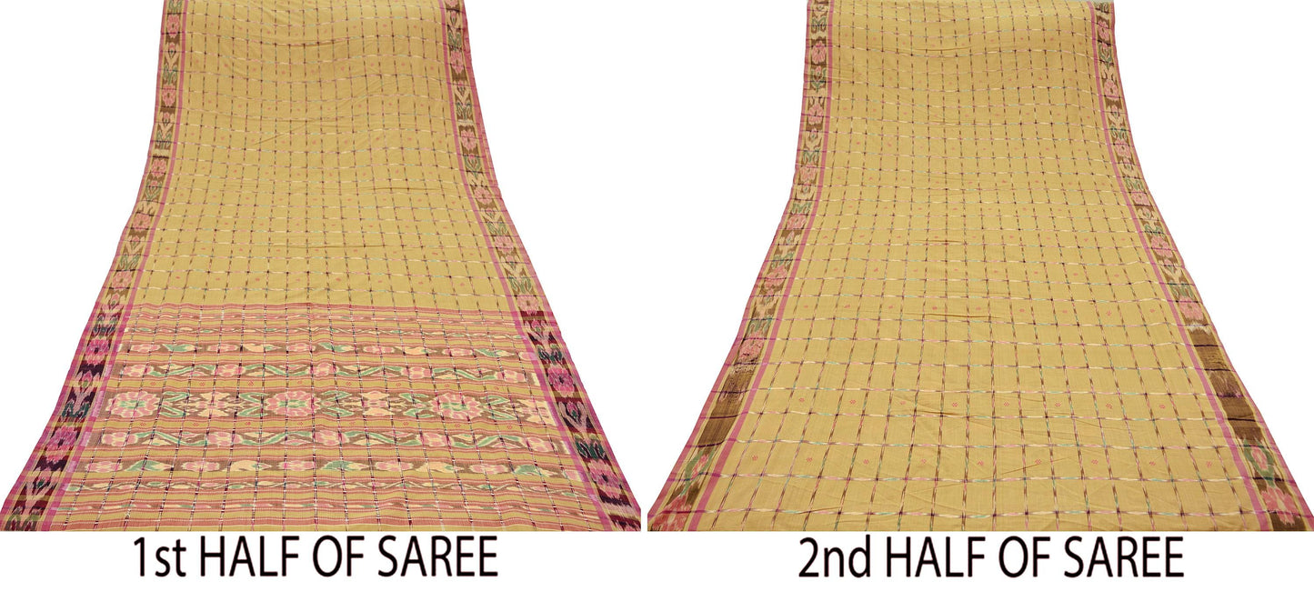 Indian Vintage Sarees Beige Pure Cotton Hand woven Sambalpuri Ikat sari Craft Fabric 5Yd Ethnic Chackra Border Dress Making Quilting