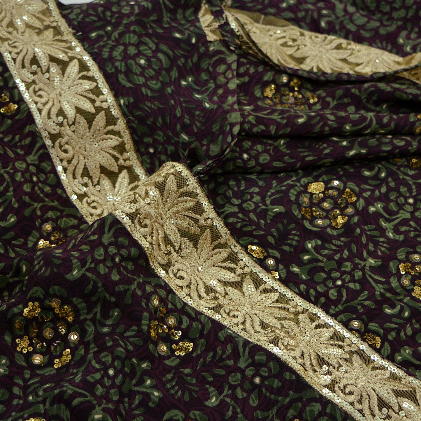 Indian Vintage Sari Maroon & Green Pure Crepe Silk Hand Embroidered Saree 5yd Sewing Craft Fabric Sequins Dress Making Crafting Quilting
