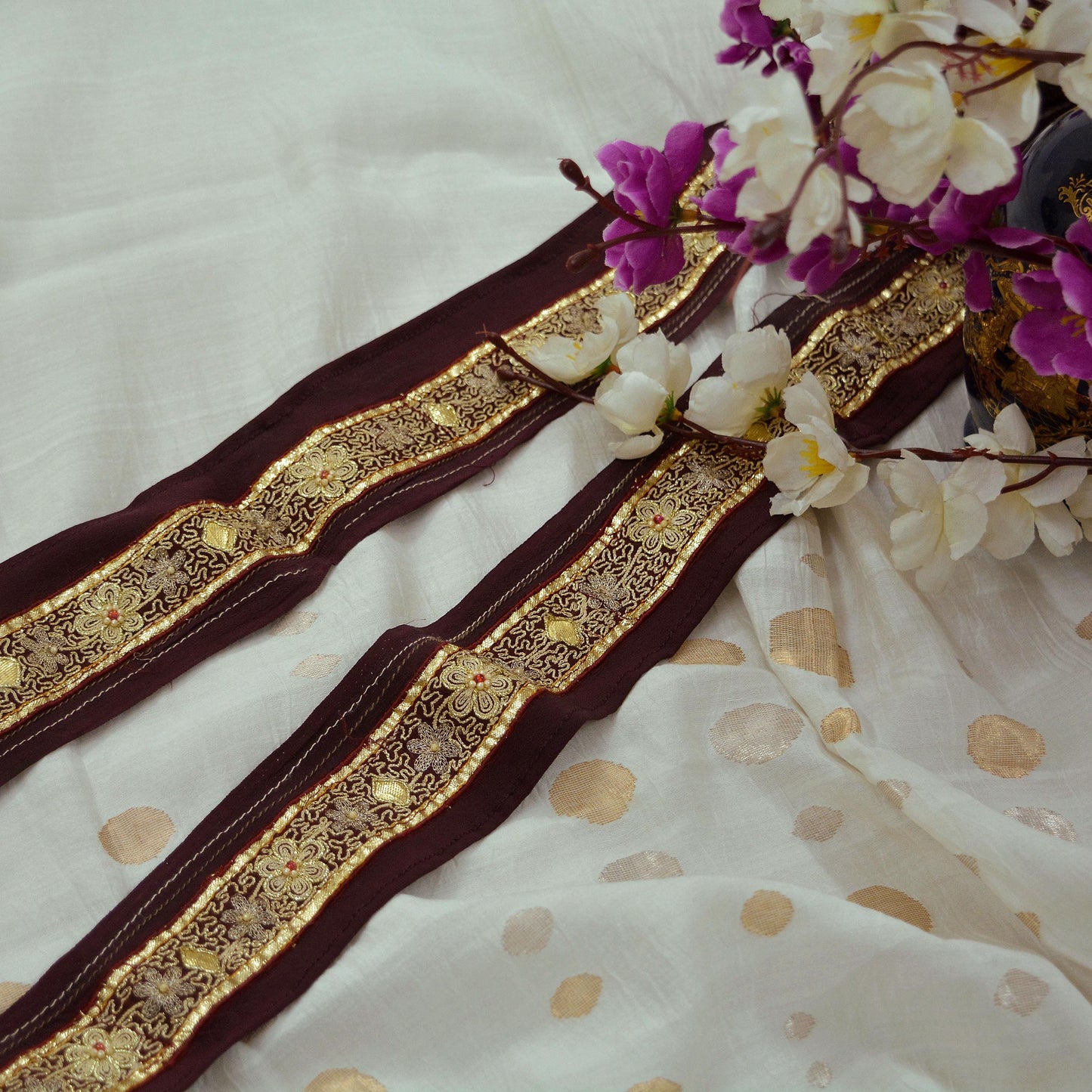Indian Vintage Maroon Saree Border Hand Embroidered Gota Patti Indian Craft Trim Lace Sewing Sari Ribbon Pure Crepe silk Zardozi/Dabka