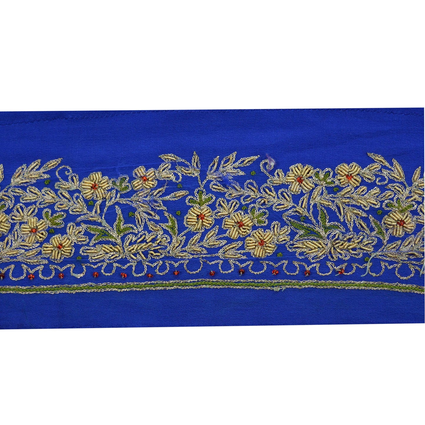 Indian Vintage Royal Blue Sari Border Hand Embroidered Indian Craft Trim Lace Sewing Saree Ribbon Pure Crepe Silk Zardozi/Dabka Zari