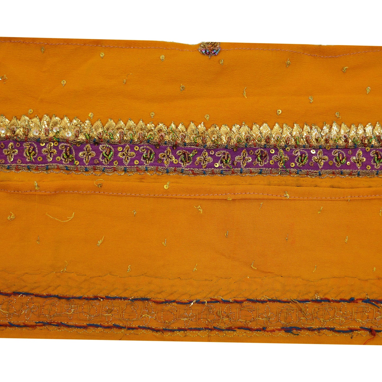 Indian Vintage Mustard Saree Border Hand Embroidered Gota Patti Indian Craft Trim Lace Sewing Sari Ribbon Pure Crepe silk Zardozi/Dabka