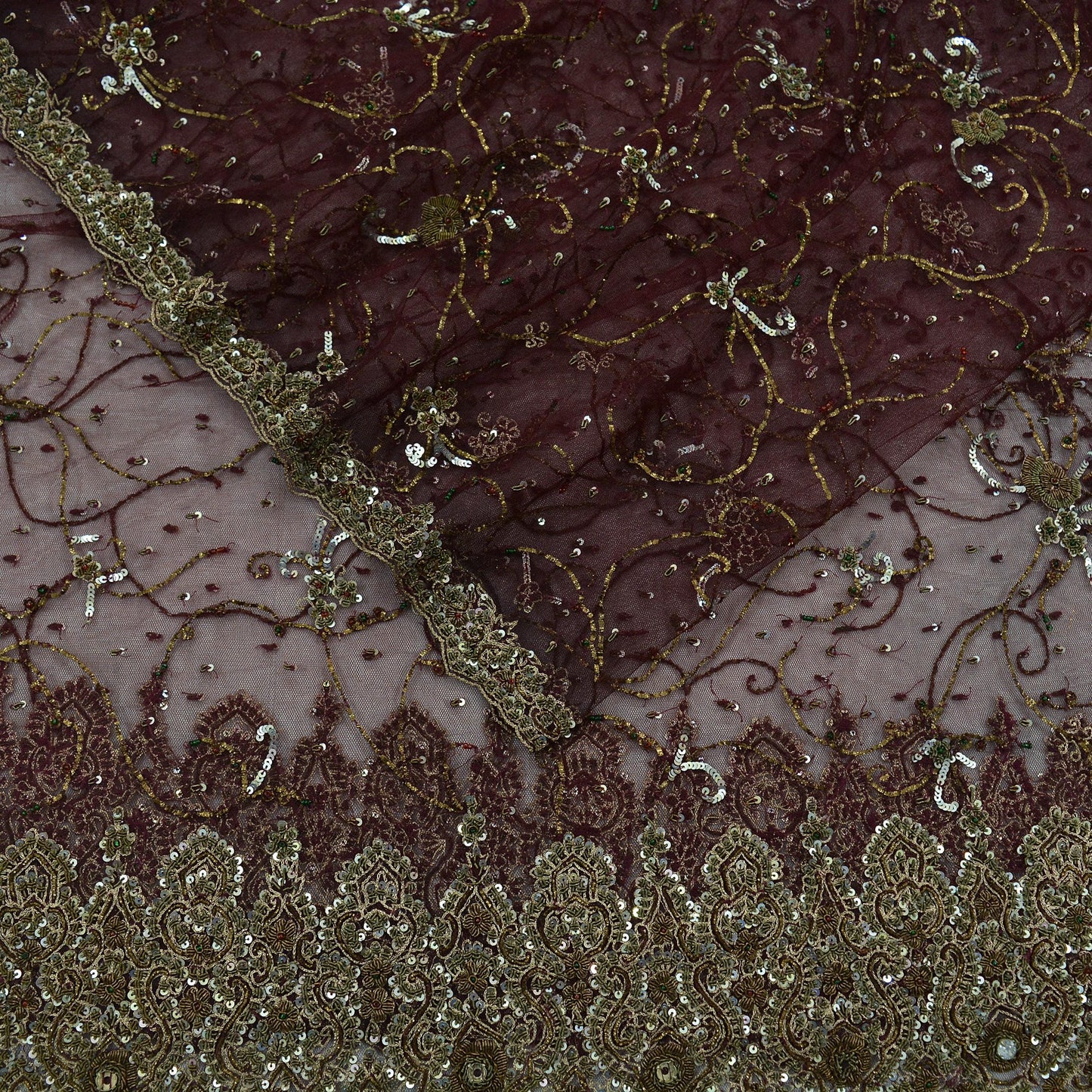 Indian Vintage Heavy Maroon Dupatta Net Mesh Long Stole Hand Embroidered Scarves Golden Zardozi Zari Sequins wedding veil bridal Hijab