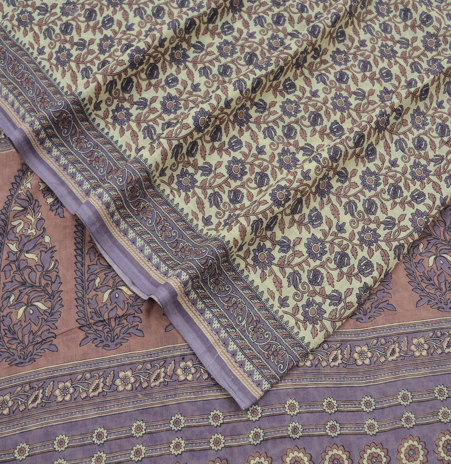 Indian Vintage Sari Purple & Ivory Pure Cotton Printed Saree 5Yd Craft Fabric Sewing Sarong Wrap Boho Floral Quilting crafting dressmaking