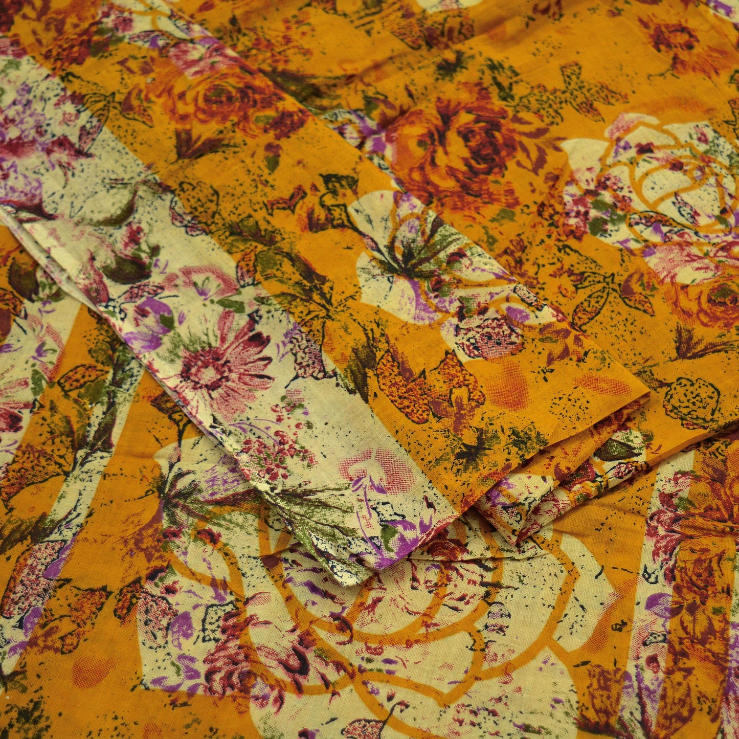 Indian Vintage Saffron & Beige Saree Printed Pure Cotton Indian Sari Craft Fabric 5Yd Sewing Soft Sarong Wrap Boho Floral Quilting Crafting