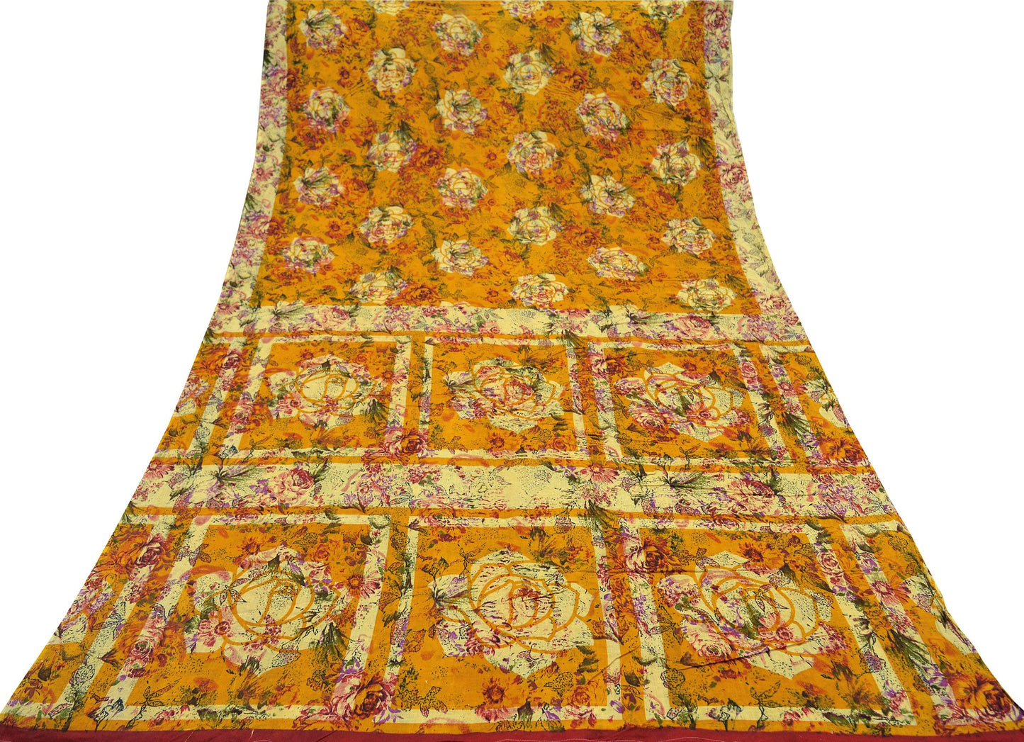 Indian Vintage Saffron & Beige Saree Printed Pure Cotton Indian Sari Craft Fabric 5Yd Sewing Soft Sarong Wrap Boho Floral Quilting Crafting