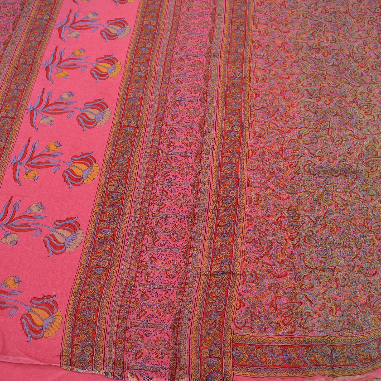 Women Vintage Sari Pink Pure Chiffon Silk Printed Sarees Craft Fabric Sewing 6Yd Soft Dress Making Quilting Crafting Upcycle