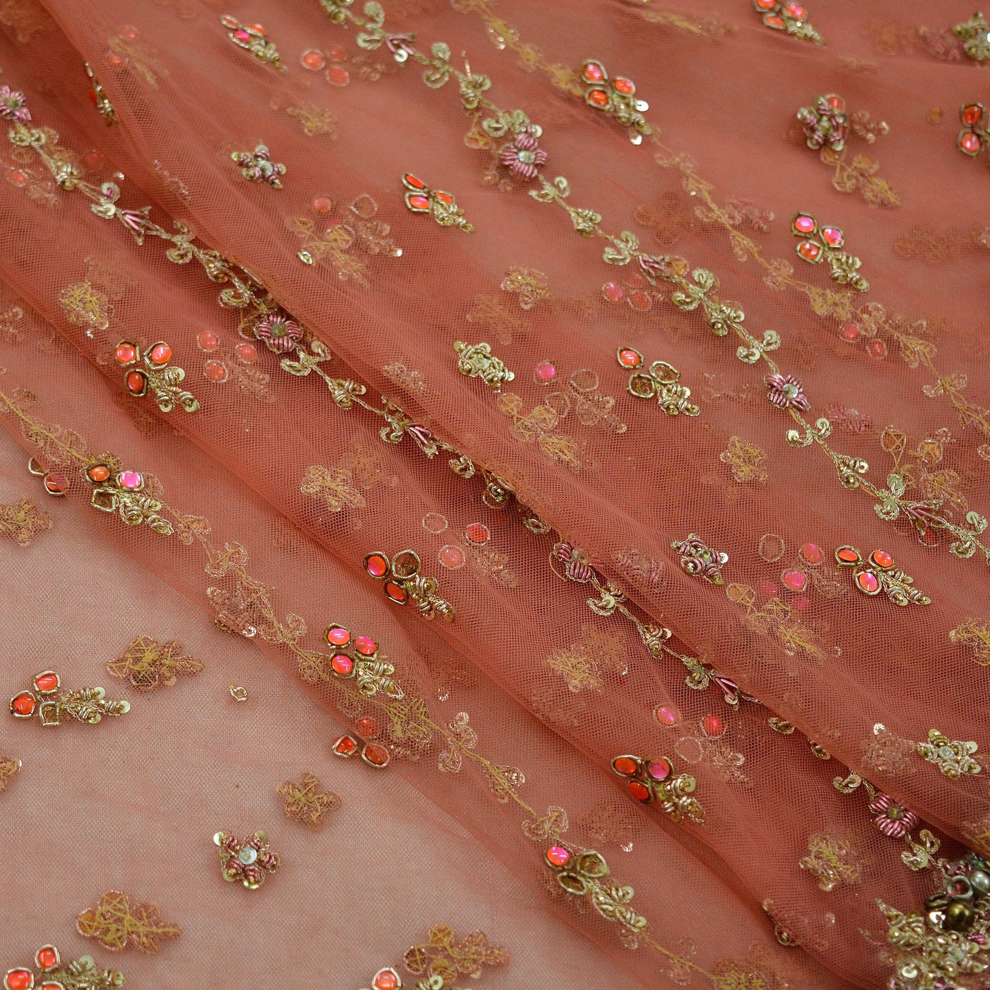 Indian Vintage Heavy Peach Dupatta Net Mesh Long Stole Hand Embroidered Scarves Golden Zardozi Dabka Zari Sequins Bridal Veil Hijab
