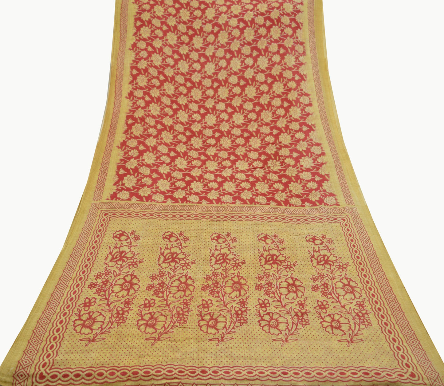 Indian Vintage Red & Beige Saree Printed 100% Pure Cotton Sari Craft Fabric 5Yd Soft Sewing Sarong Wrap Dress Making Quilting Crafting