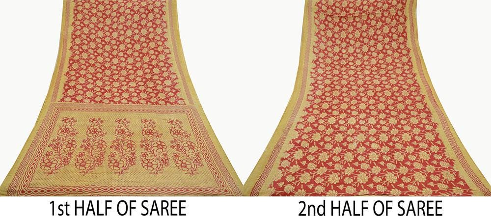 Indian Vintage Red & Beige Saree Printed 100% Pure Cotton Sari Craft Fabric 5Yd Soft Sewing Sarong Wrap Dress Making Quilting Crafting