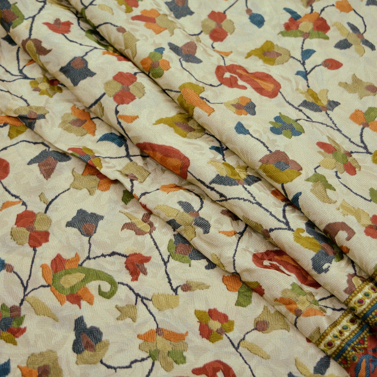 Indian Vintage Sari Beige Pure Crepe Silk Printed Sarees 5yd Sewing Floral Soft Craft Fabric Wrap Dress making Upcycle Crafting Quilting